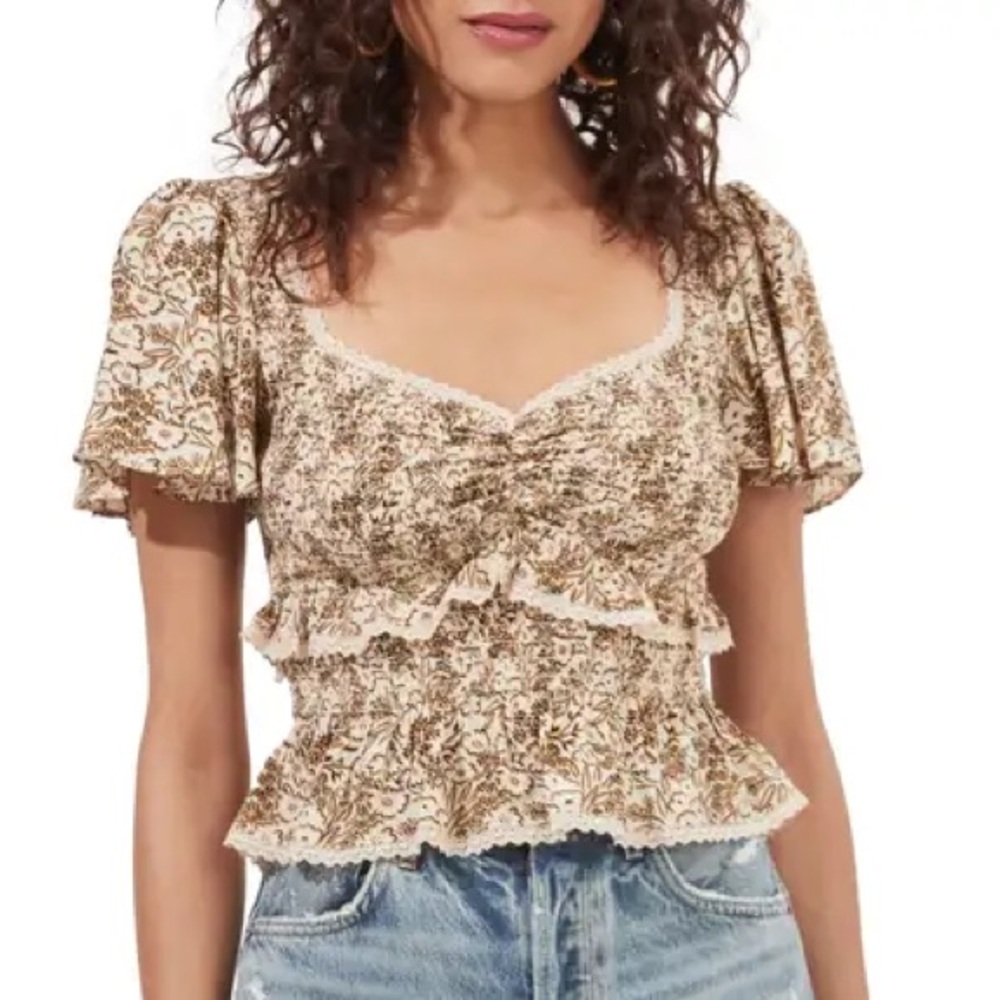ASTR the Label Floral Smock Waist Ruffle Top Cream and Brown